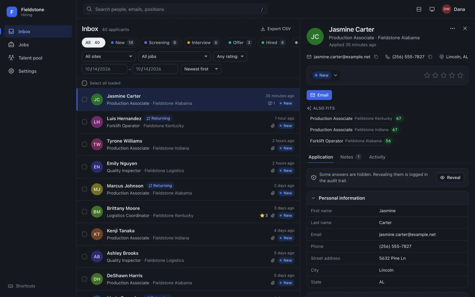 The same inbox and candidate drawer in the dark theme.