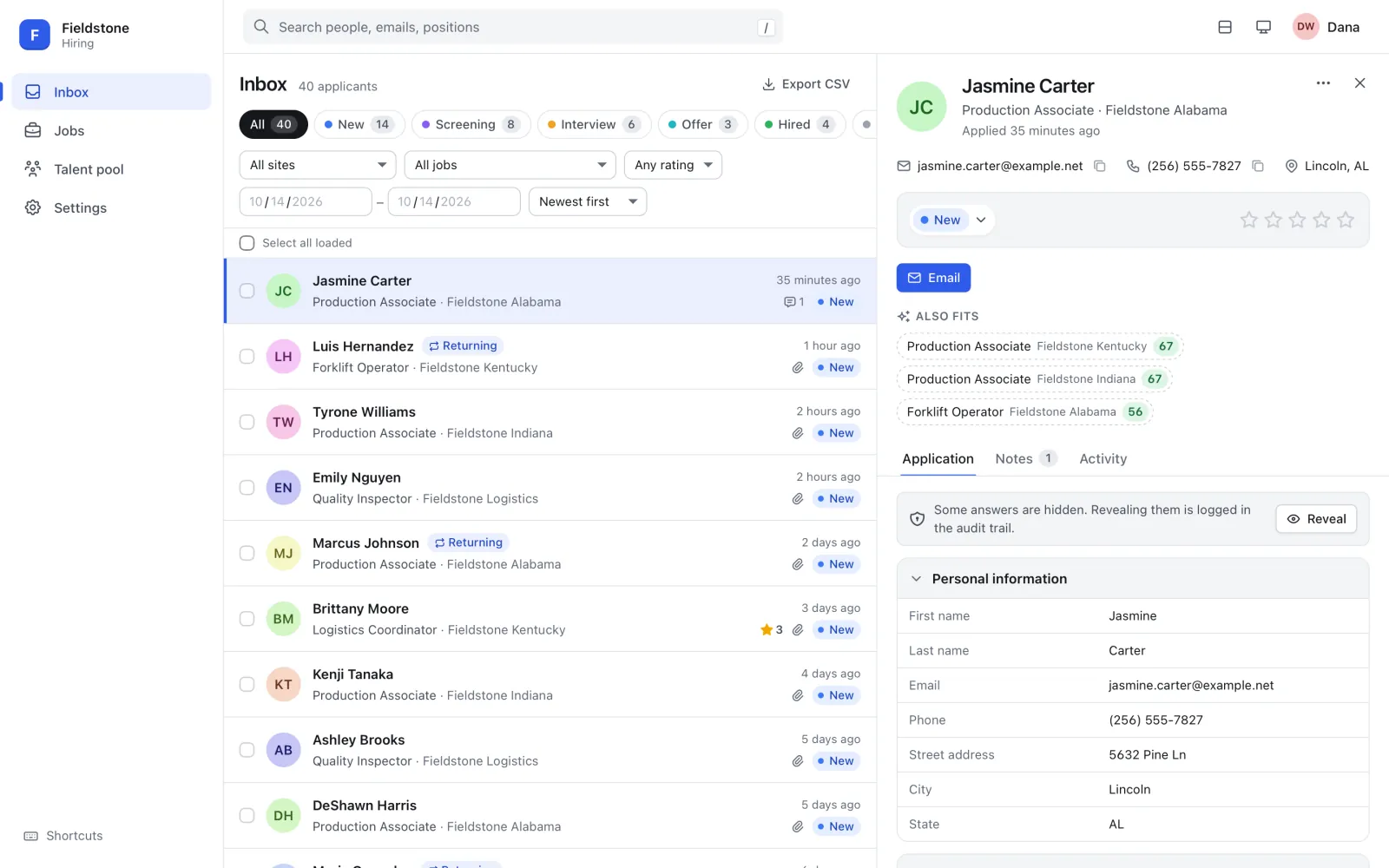 The ATS inbox: a list of applicants with stage tabs and filters on the left, and the selected candidate's drawer on the right showing contact details, stage, rating, suggested other jobs and the application answers.