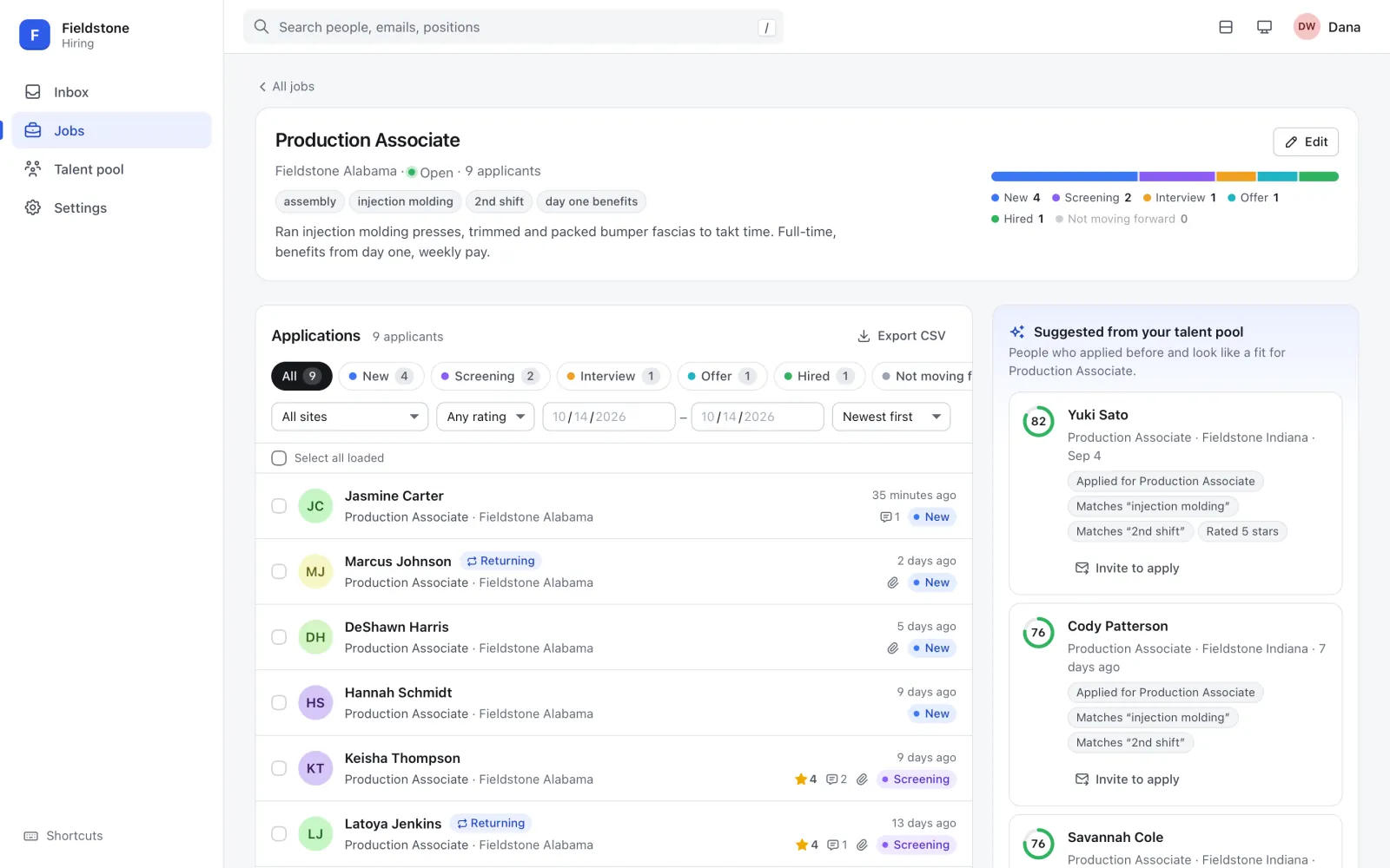 A job page for Production Associate showing its pipeline bar, its applications and a Suggested from your talent pool panel with match scores and reasons.