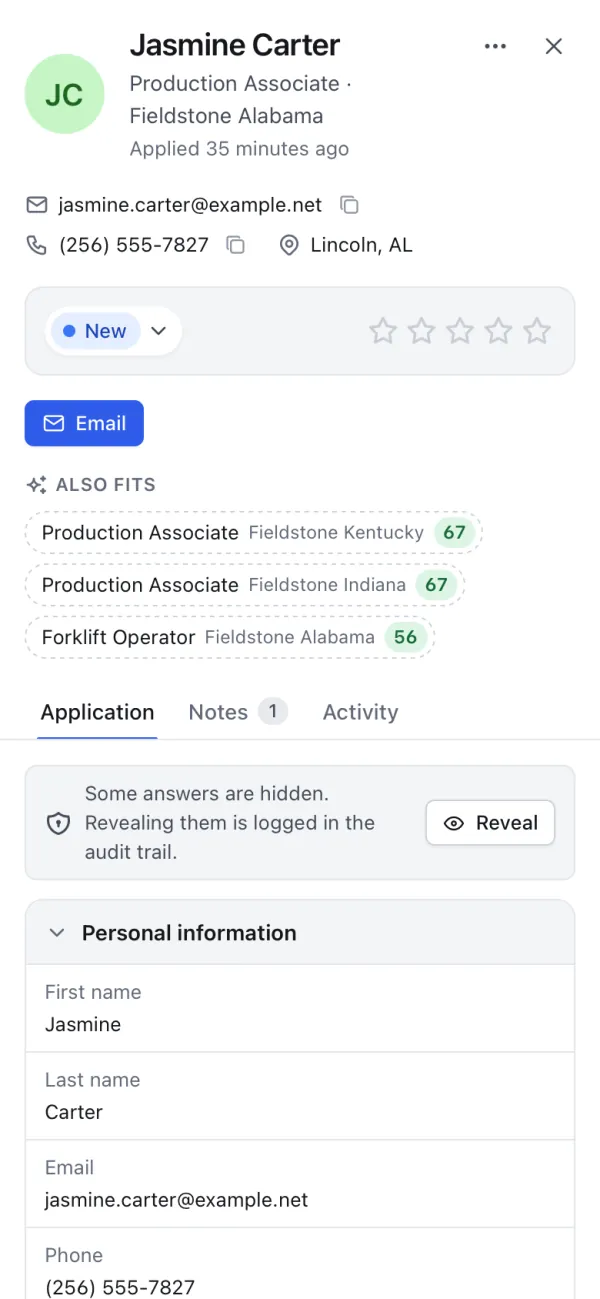 A candidate opened as a full-screen sheet on a phone, with stage, star rating, Also fits suggestions and the application.