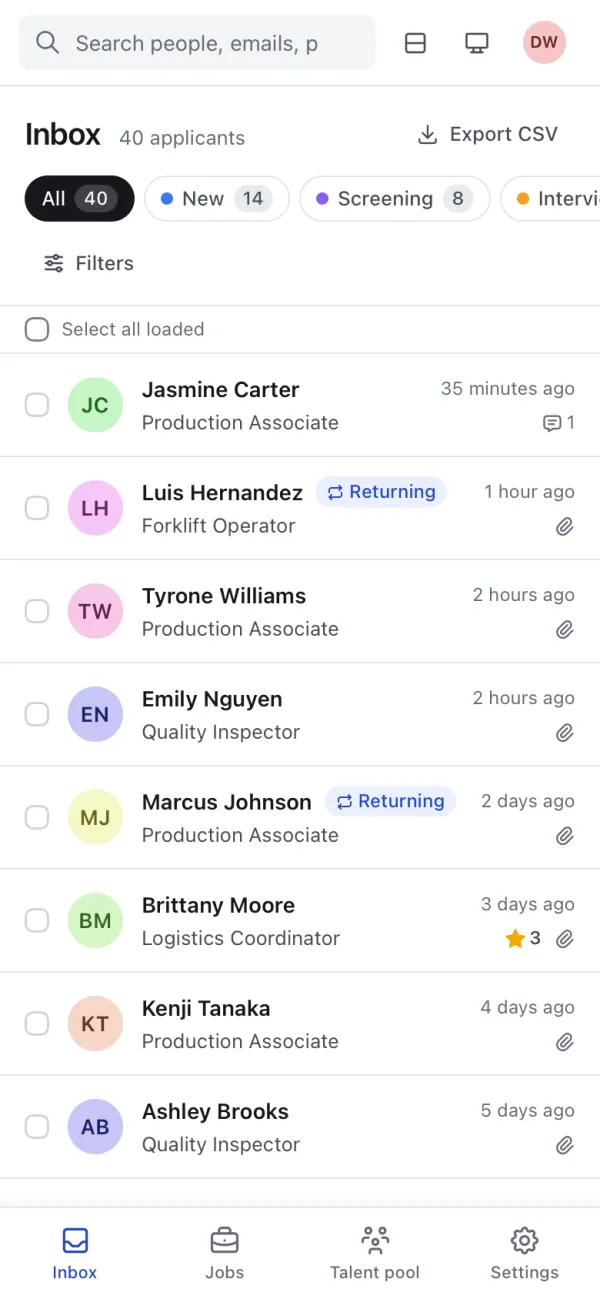 The inbox on a phone, with stage tabs, a Filters button and a bottom tab bar.