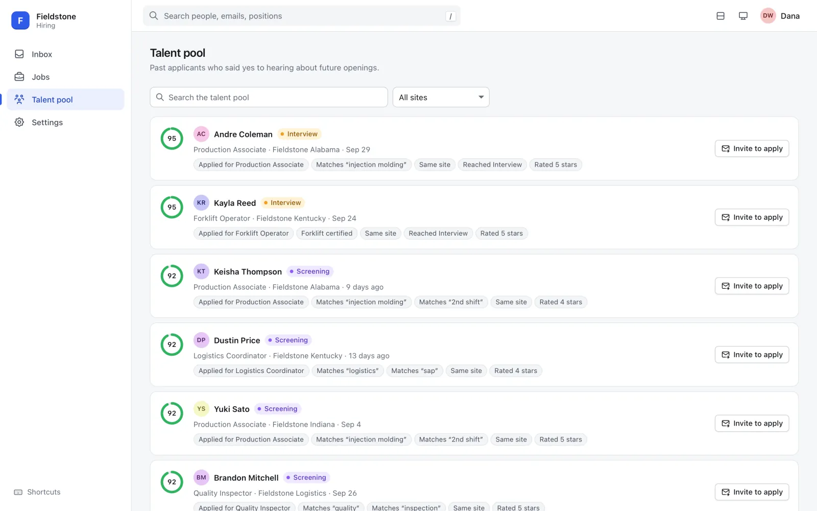 Talent pool list with score rings, each candidate's last position and site, and reason chips such as Same site and Rated 5 stars.